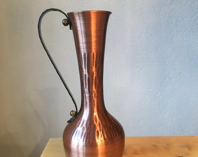 Vintage Mid Century Copper Bud Vase or Pitcher With Wrought Iron Handle