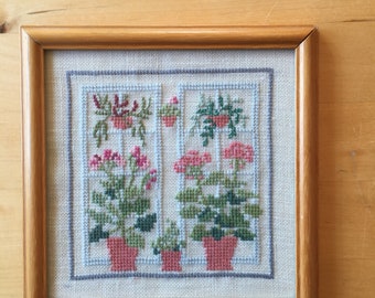 Vintage Embroidered Picture of Geraniums Housewarming Gift