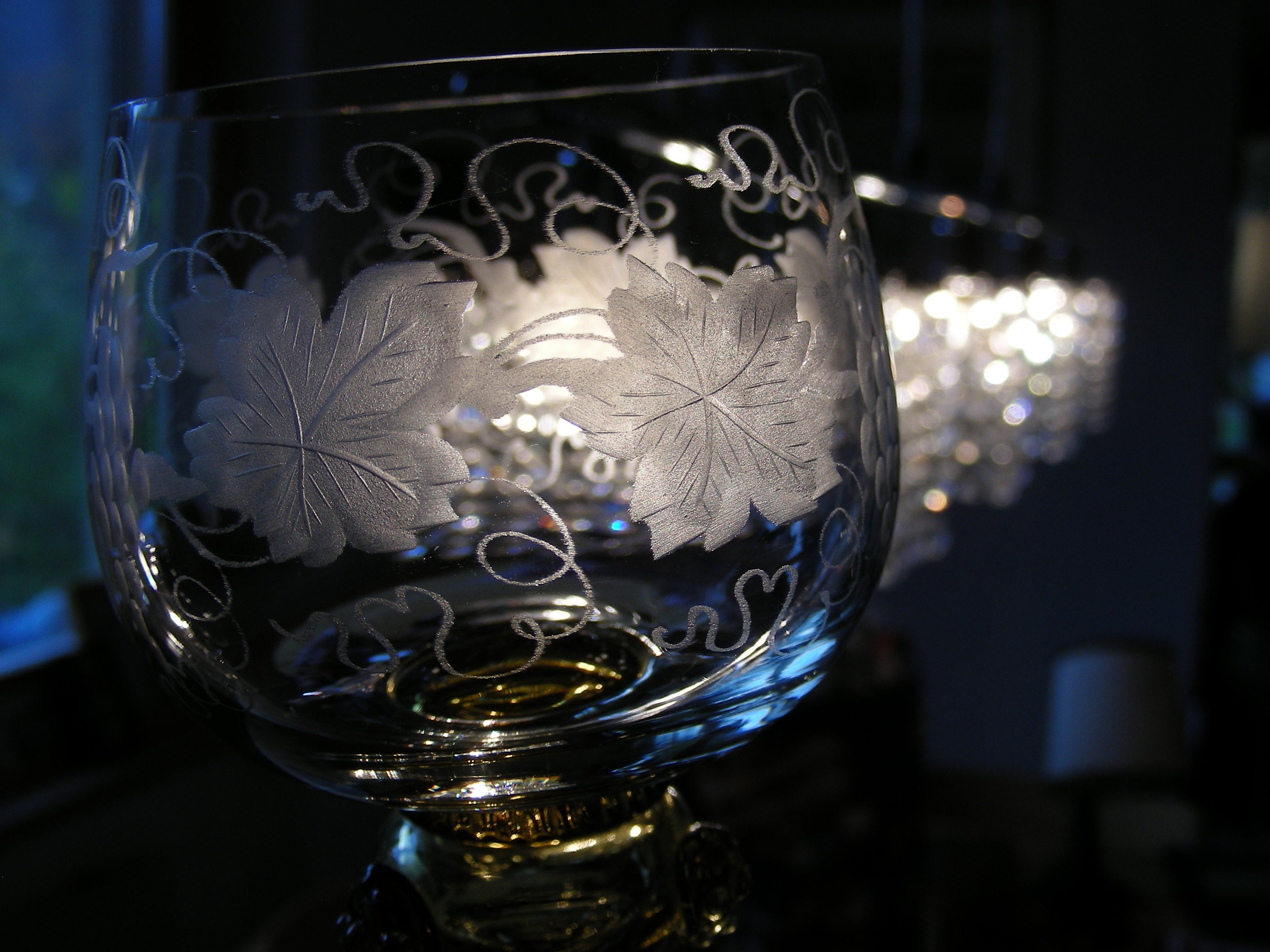 Set of two, etched roemer wine goblets, glasses from Germany, white