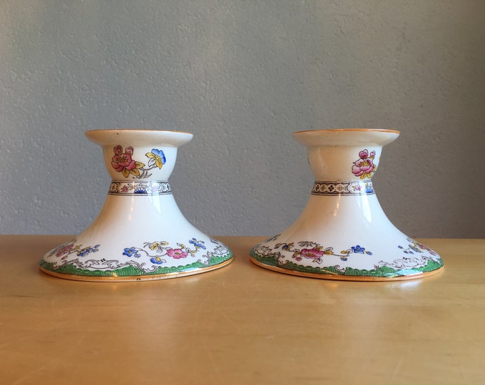 Set of Two Spode Eden Pattern Porcelain Candle Holders Vintage English China