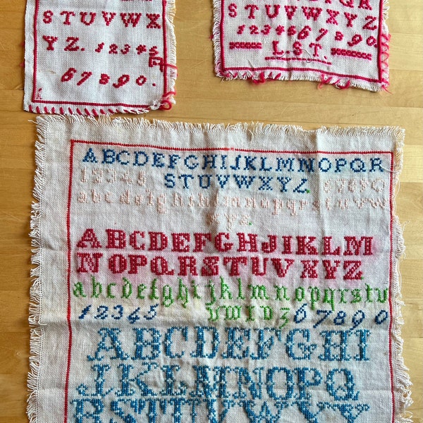 Set of Three Authentic, Original, Hand-Made Samplers 1920s With Note