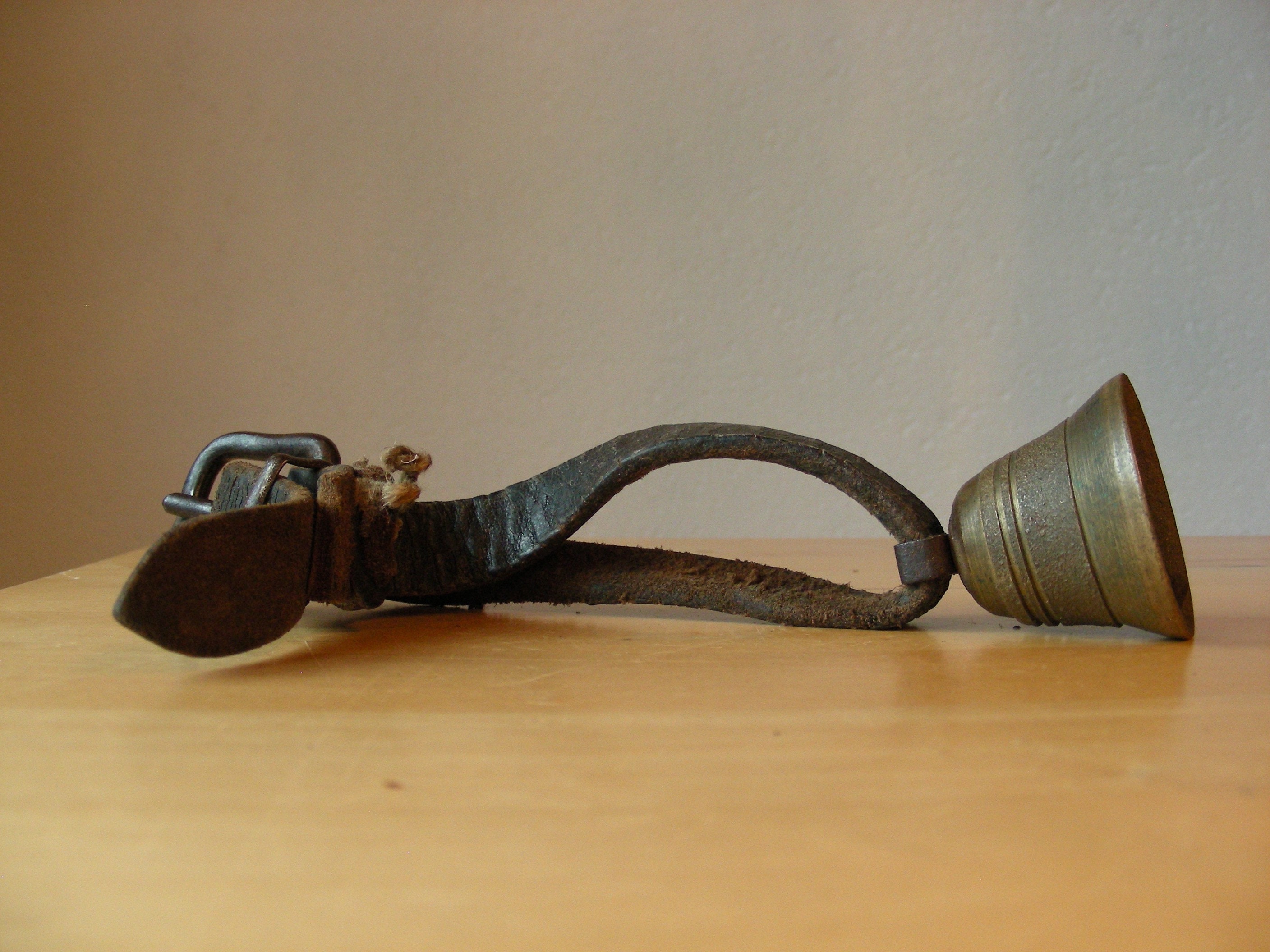Brass goat bell with leather collar, vintage Swiss bell