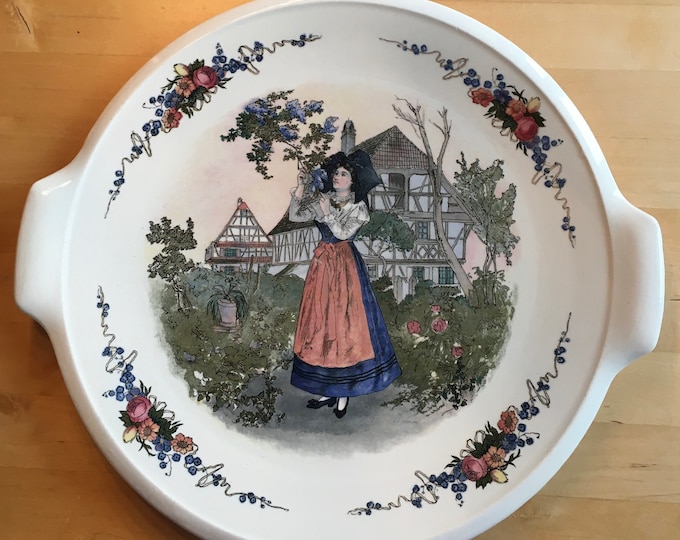 Sarreguemines Cake Plate, Obernai Faienceries France Lilac Scene