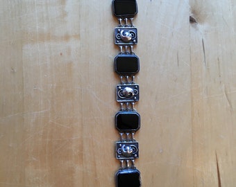 Vintage Onyx and Sterling Link Bracelet Marked CB Unisex Bracelet