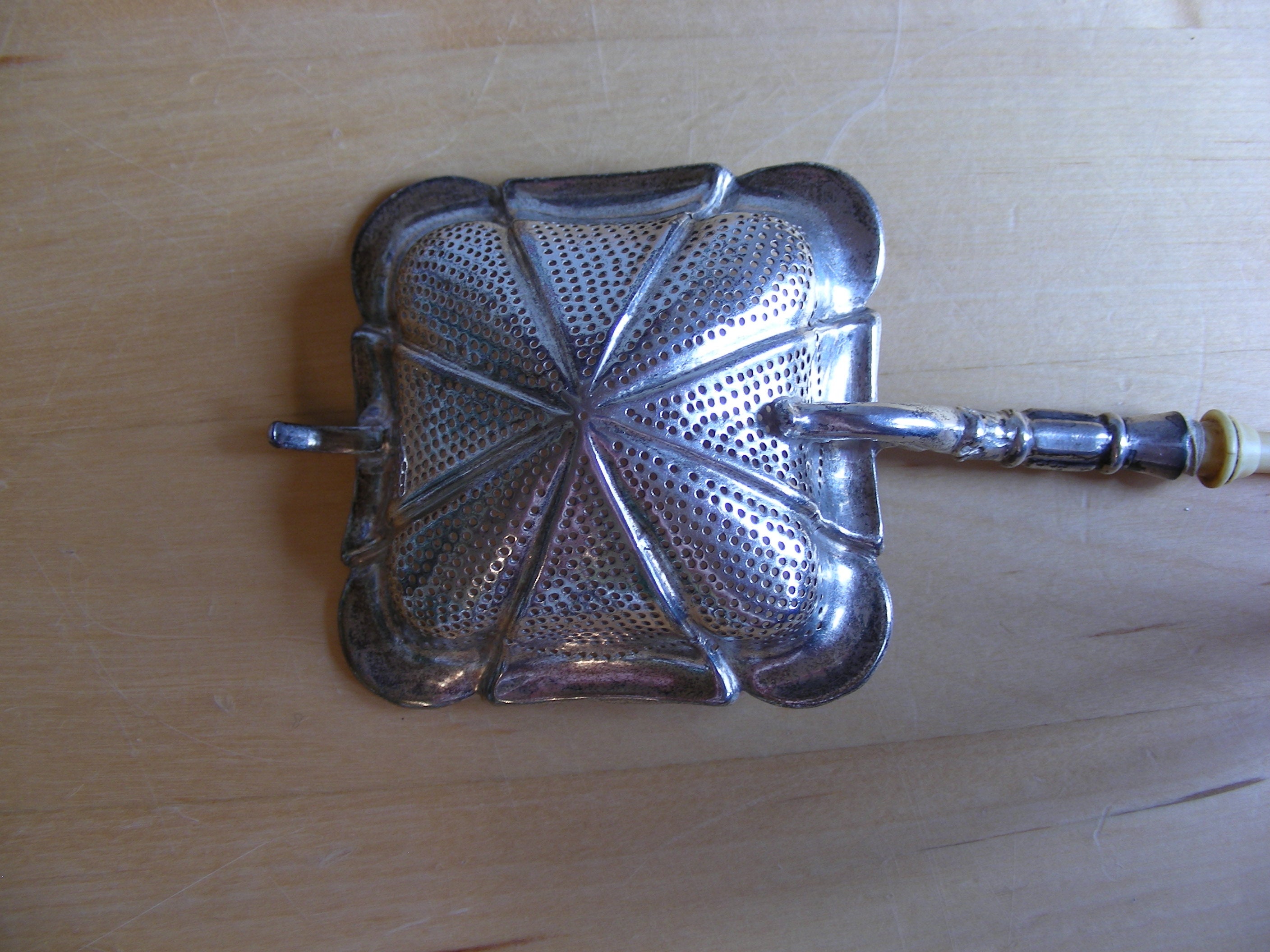 Antique tea strainer, 1880, 800 silver, bone handle