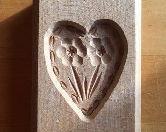 Vintage Heart and Flower Springerle Cookie Mould Wood Hand Carved Cookie Mould