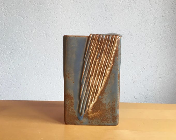 Hand Made Ceramic Vase Slab Built With Leaf Design Mid Century