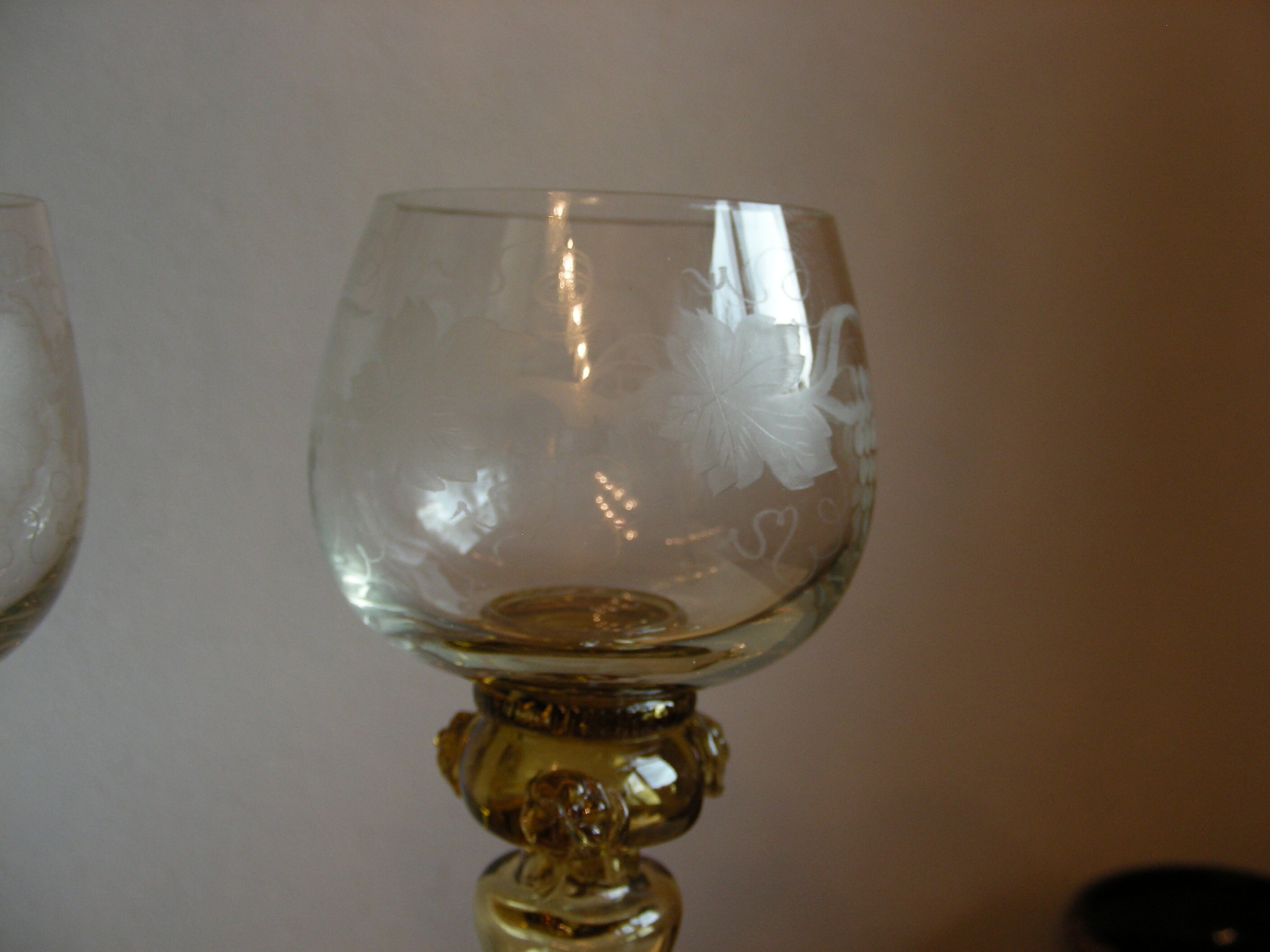 Set of two, etched roemer wine goblets, glasses from Germany, white