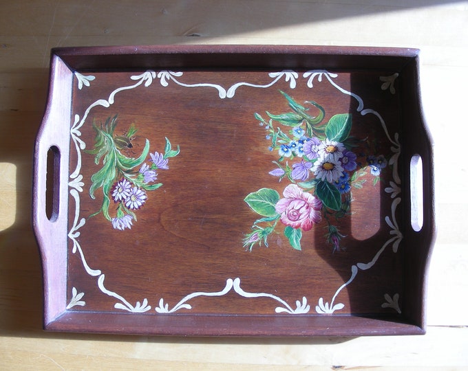 Vintage rectangular, hand painted, wood tray