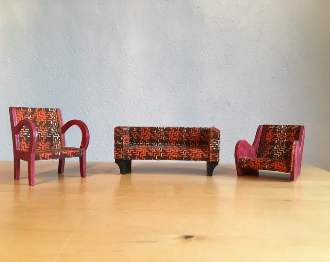 Miniature retro couch and chairs, plaid sofa