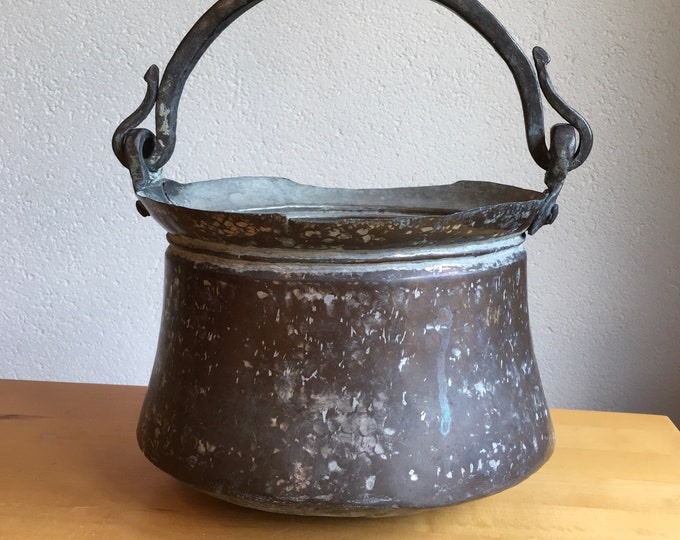 Antique metal pot, heavy hammered round bottom kettle with handle, planter copper or copper coated tin