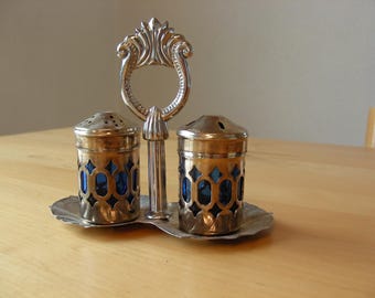 Set of Silver Plated Salt and Pepper Shakers With Caddy Blue Glass
