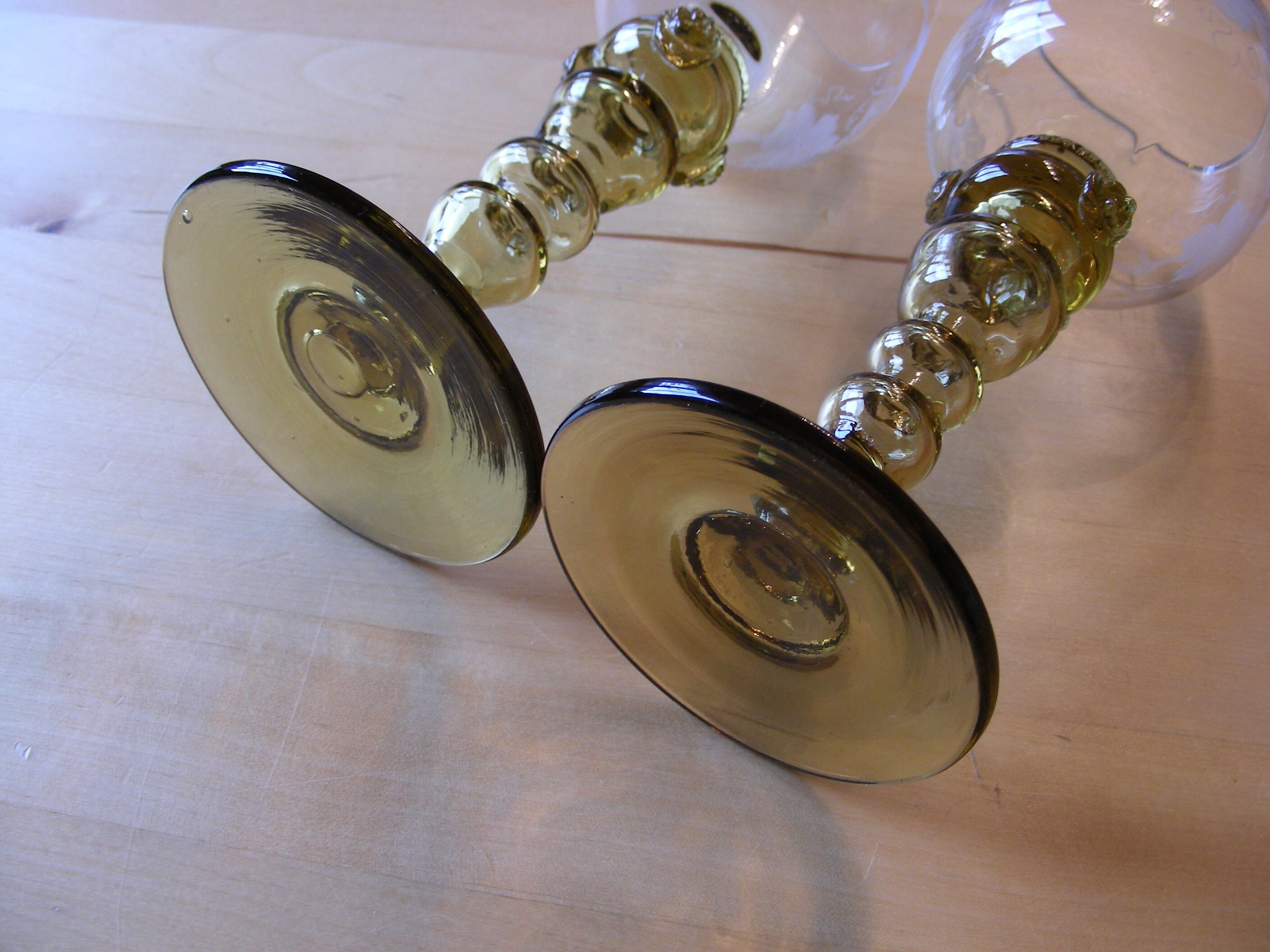 Set of two, etched roemer wine goblets, glasses from Germany, white