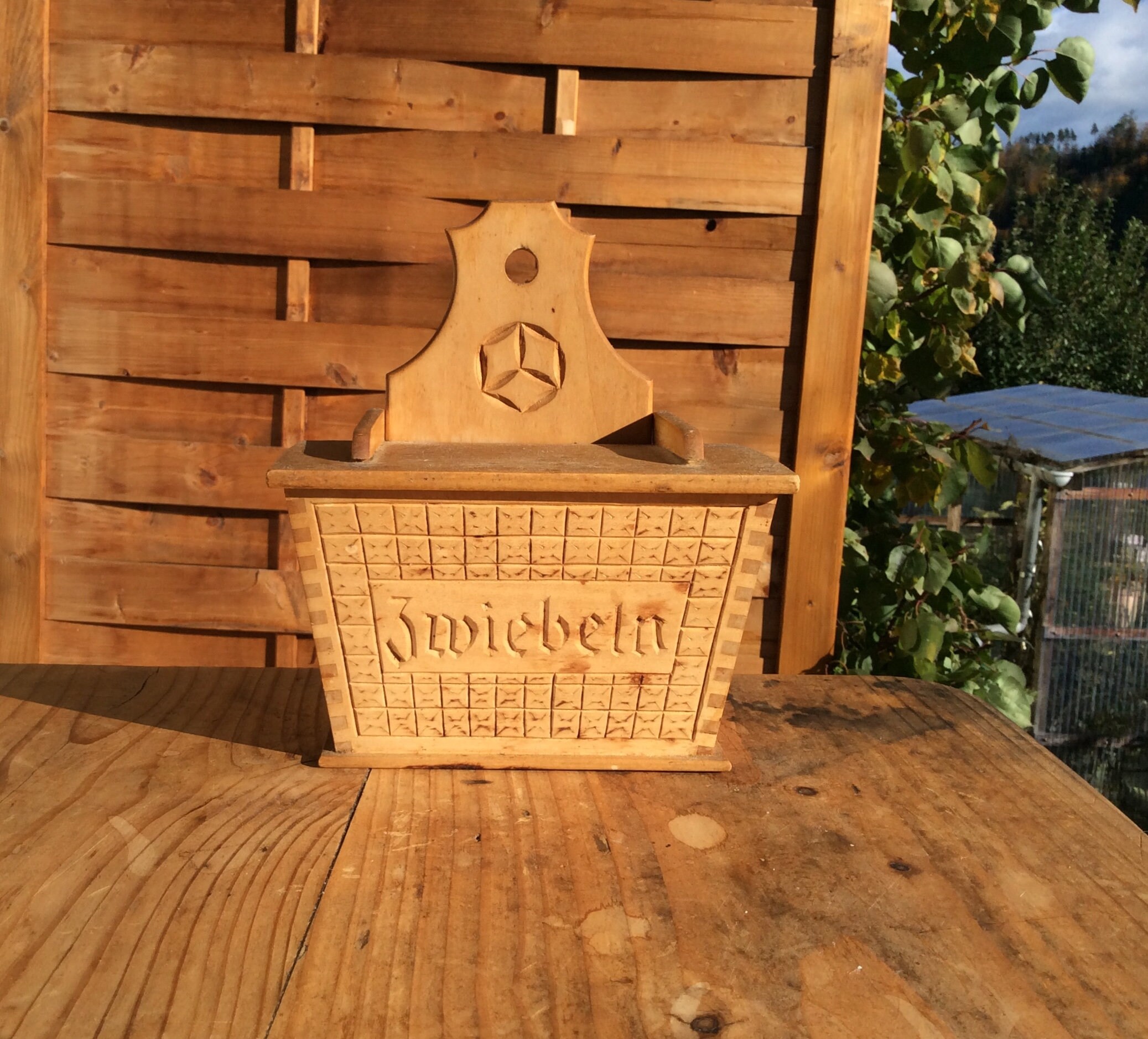 Onion box, vintage wood onion storage, hangable