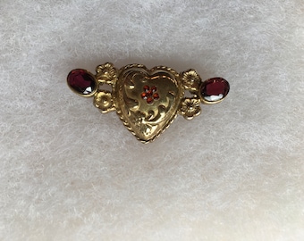 Heart Brooch Tourmaline and Garnet Gilded Sterling Silver