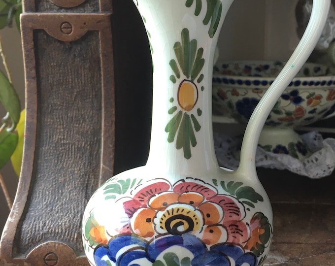 Vintage Delft Polychrome Vase With Handle Hand Painted Jug Holland