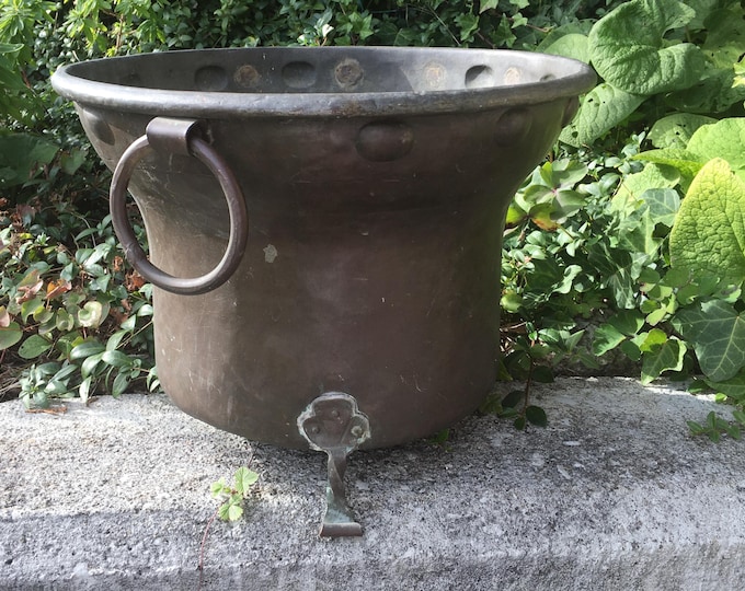 19th Century Large Footed Copper Planter Pot With Ring Handles Bucolic Vintage Deco