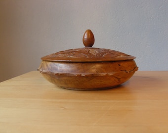 Turned Wooden Bowl Hand Carved With Flowers Covered Trinket Bowl