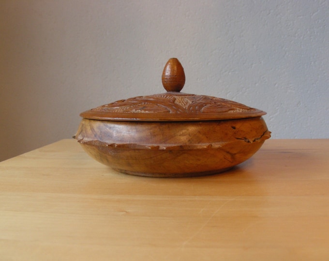 Vintage Turned Wooden Bowl Hand Carved With Flowers Covered Trinket Bowl