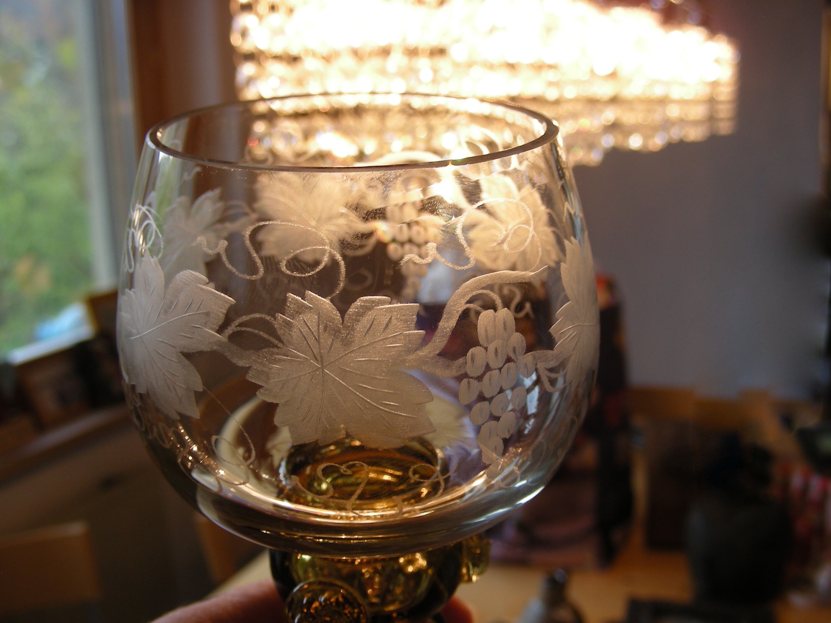 Set of two, etched roemer wine goblets, glasses from Germany, white