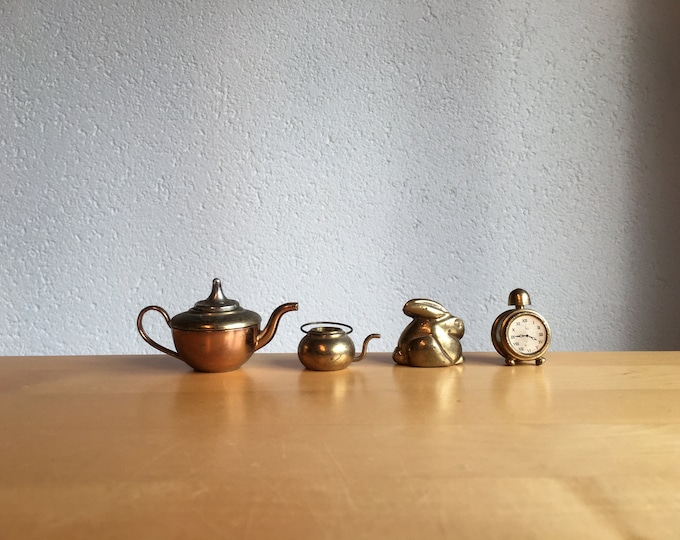 Vintage Brass Miniatures, Set of 4, Miniature Rabbit, Clock, Teapots, Dollhouse Brass Miniatures