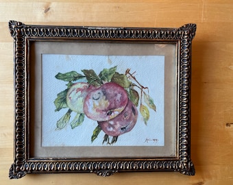 Original Watercolour Still-life With Apples Signed Maxi 1919 in Antique Frame