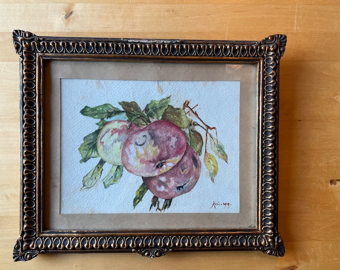 Original Watercolour Still-life With Apples Signed Maxi 1919 in Antique Frame