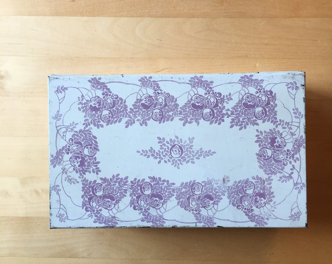 Vintage tin, lilac roses over off white