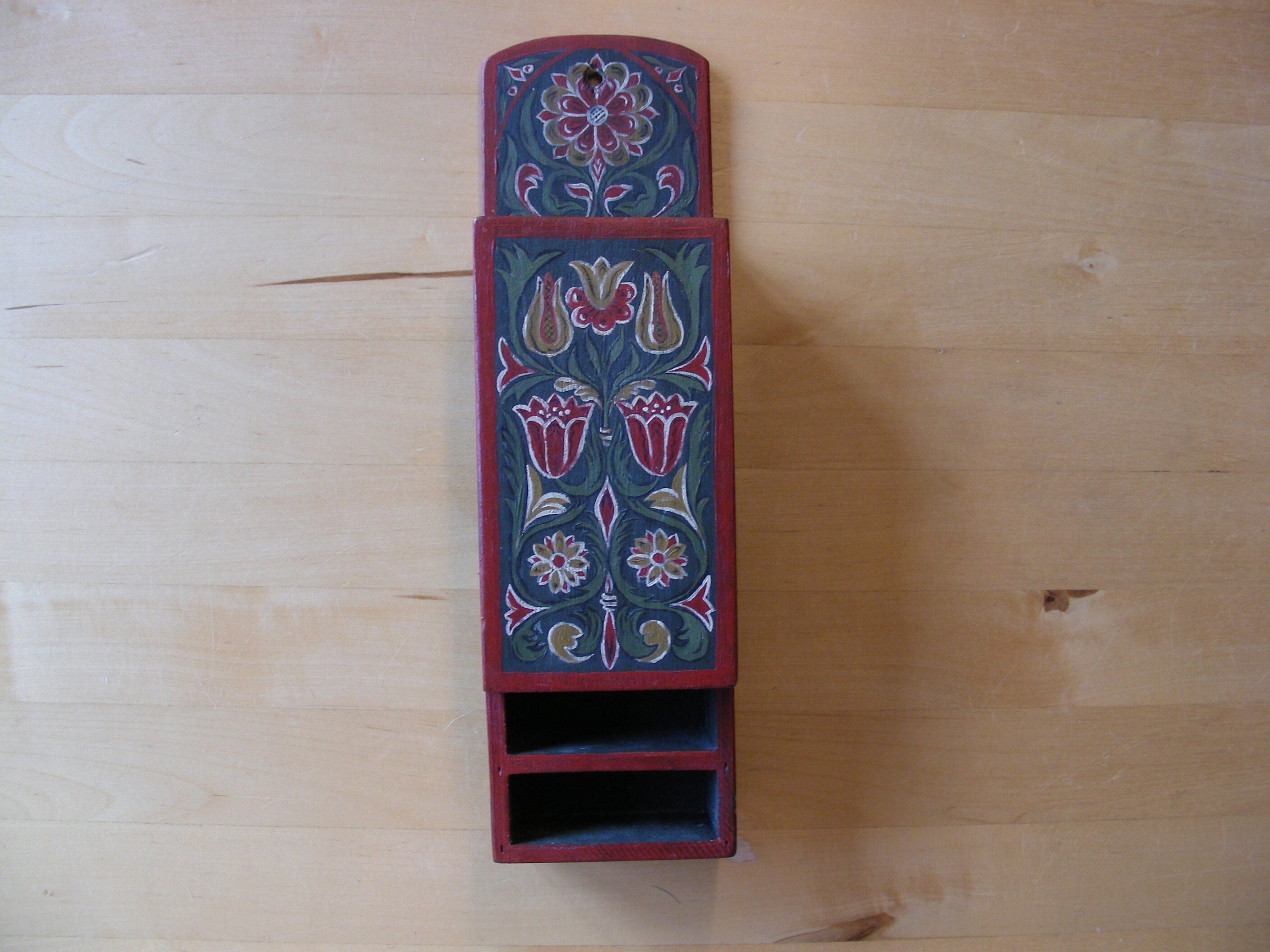 Hand painted, vintage, wood matchbox holder, wall mounted