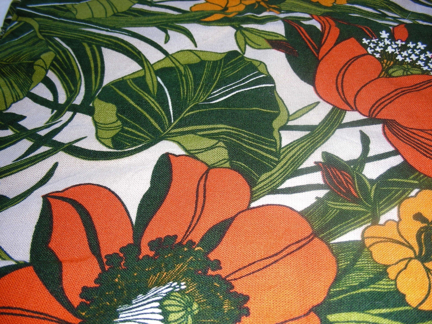 vintage fabric with red and yellow flowers