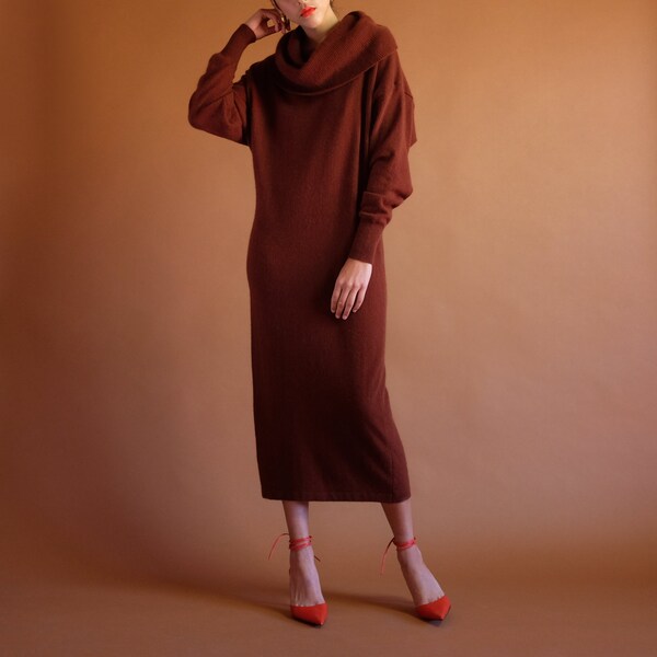 Angora Sweater Dress, Vintage 90s Minimal Knit Dress, Simple Brown Cowl Neck Soft Comfy Long Lambswool Dolman Batwing Fall Winter Midi Dress