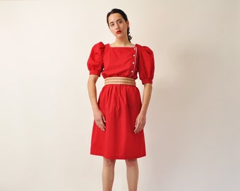 Puff Sleeve Dress, Simple Red Dress, Romantic 80s Dress, Vintage Red and White Dress, Minimal Midi Dress, Spring Summer A-Line Dress