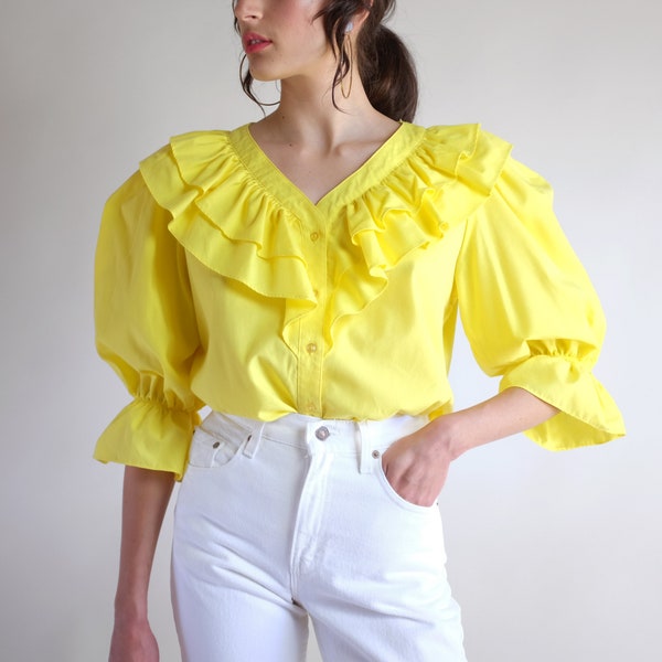 Yellow Ruffle Blouse,  Puff Sleeve Shirt, Vintage Romantic Vibrant Spring Summer Oversized Button Down Top, Bright Loose Fit Poet Blouse