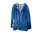 Hooded Denim Jacket, Vintage 90s Distressed Jean Jacket, Long Oversized Loose Baggy Fit Faded Worn Denim Jacket XL