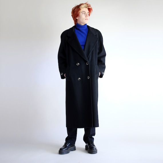 Black Wool Overcoat, Oversized Double Breasted Ful