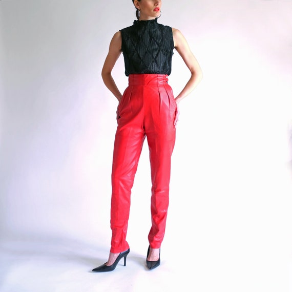 Red Leather Pants, Ultra High Waisted Slim Fit Pan