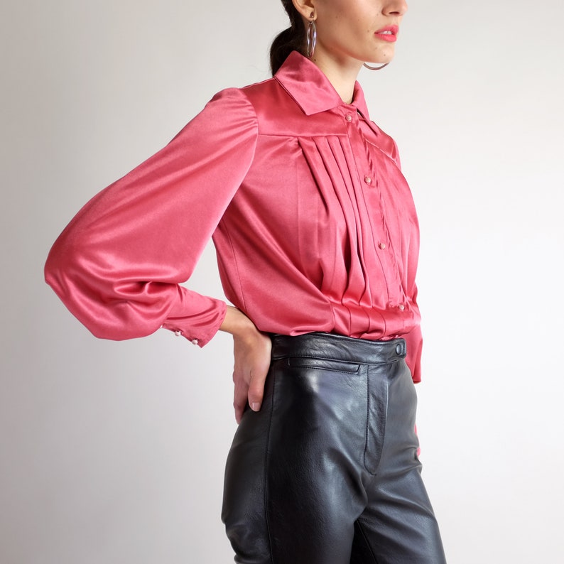 Romantic Dusty Rose Pink Top Bishop Sleeve Blouse Satin Long Sleeve Collared Shirt Vintage 70 80s Silky Puff Sleeve Poet Blouse