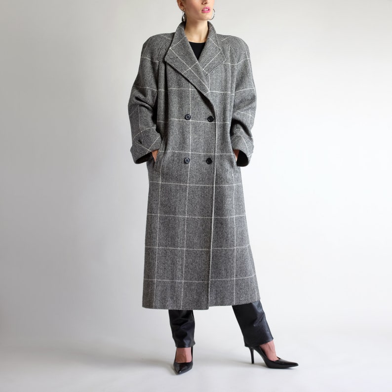 Tartan Gray Overcoat Vintage 90s Minimal Glen Plaid Long Double Breasted Warm Striped Baggy Full Length Coat Oversized Maxi Coat