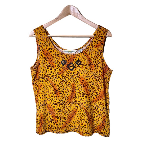 90s Tank Top Vintage Leopard Print Southwestern Embroidered Boho Sleeveless Boxy Baggy Loose Fit Blouse Cheetah Print Rayon Indie Hipster