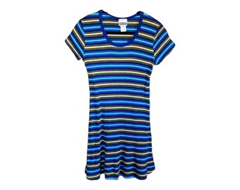 90s Striped Dress, Vintage Mini Dress, Soft Grunge PNW Short Sleeve Y2k Rave Dress Casual Blue Green Scoopneck Above The Knee