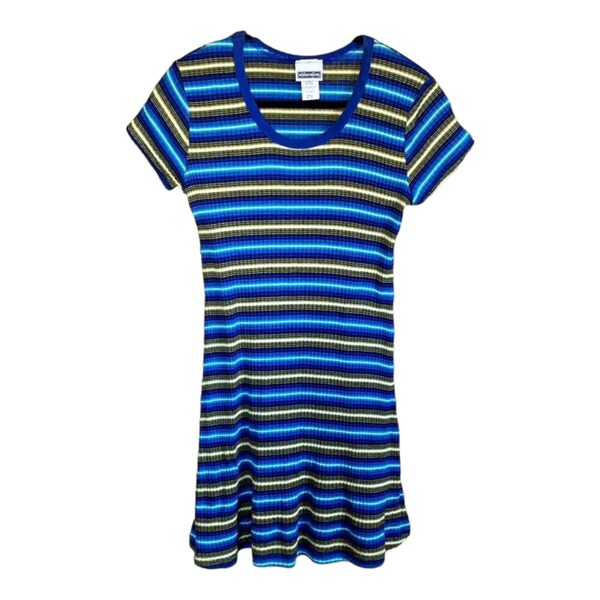 90s Striped Dress, Vintage Mini Dress, Soft Grunge PNW Short Sleeve Y2k Rave Dress Casual Blue Green Scoopneck Above The Knee