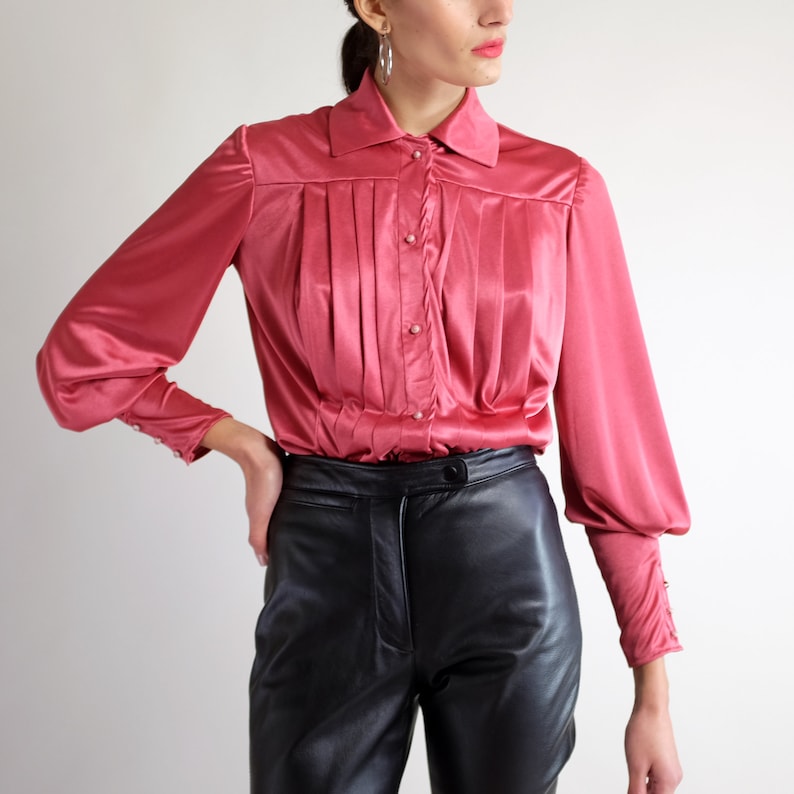 Romantic Dusty Rose Pink Top Bishop Sleeve Blouse Satin Long Sleeve Collared Shirt Vintage 70 80s Silky Puff Sleeve Poet Blouse