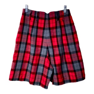 High Waisted Shorts, Vintage 90s Plaid Baggy Trouser Short, High Rise High Waist Long Tartan Shorts, Simple Casual Red Gray Shorts Size 3 /4 image 3