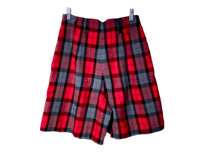 High Waisted Shorts, Vintage 90s Plaid Baggy Trouser Short, High Rise High Waist Long Tartan Shorts, Simple Casual Red Gray Shorts Size 3 /4 image 3