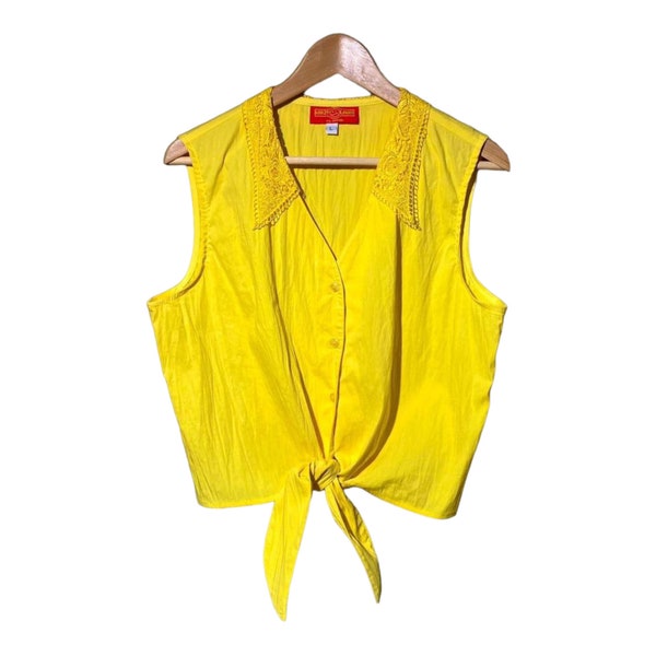 90s Tank Top, Vintage Tie Front Crop Top, Yellow Sleeveless Blouse, Vibrant Preppy Oversized Loose Baggy Fit Button Down Tie Up Croppep