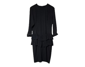 Black Midi Dress Ruffled Vintage 1980s 1990s New Wave Gothic Dress Batwing Dolman Sleeve Mid Length Chic Vivienne Westwood Style Medium
