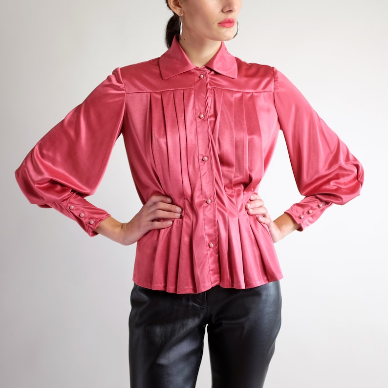 Romantic Dusty Rose Pink Top Bishop Sleeve Blouse Satin Long Sleeve Collared Shirt Vintage 70 80s Silky Puff Sleeve Poet Blouse