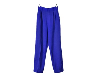 Pantalones de cintura alta Pantalones azul cobalto Vintage 90s Tiro alto Plisado Pierna cónica Minimal Preppy Simple Vibrante Brillante Todas las estaciones Lana