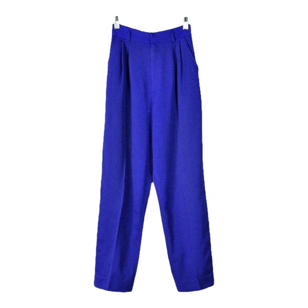 High Waisted Trousers Cobalt Blue Pants Vintage 90s High Rise Pleated Tapered Leg Minimal Preppy Simple Vibrant Bright All Seasons Wool