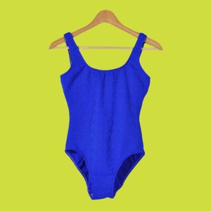 Vintage 90s Swimsuit, One Piece Bathing Suit, Cobalt Blue Textured High Cut Neon Leotard, Spring Summer Tank Top, Vtg 1990s Swimsuit image 1